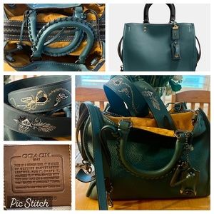 Coach 58116 Rogue whipstitch glovetanned teal blue leather embroidered crossbody